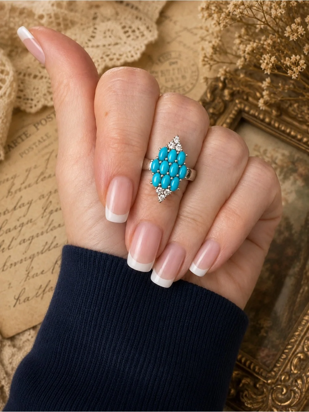 SONI • India 925 Silver Southwestern Turquoise Cluster Ring